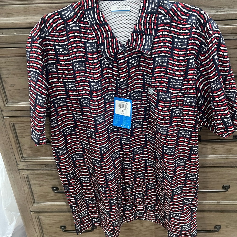 Columbia Men’s Red, Navy & White Geometric Print Polo
